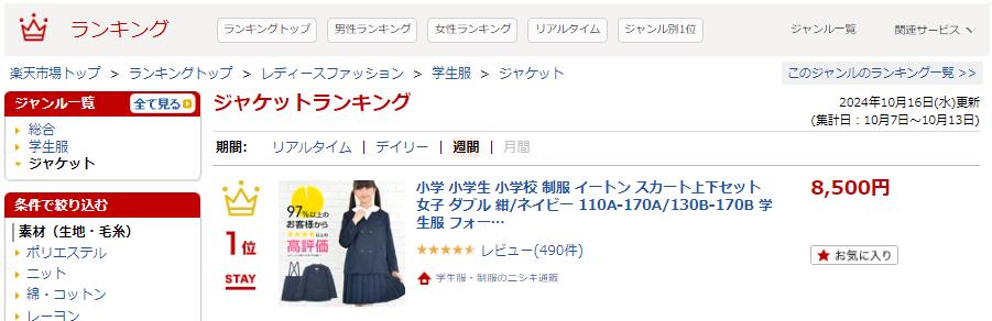 小学生制服、イートン型の上下セット